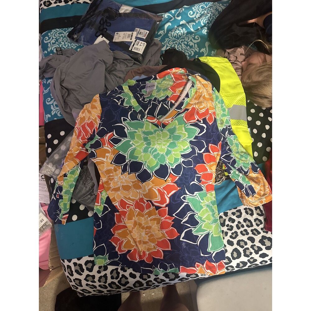 Chico's V-Neck Abstract Floral Dahlia Print Top Navy Blue Orange Red